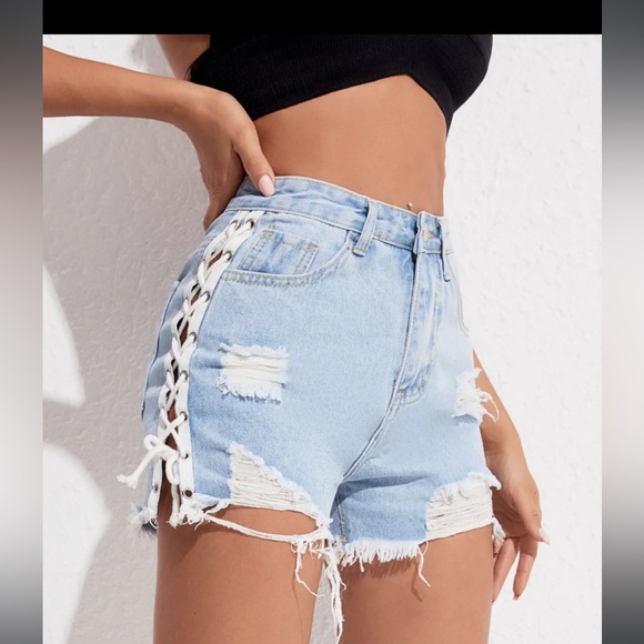 Furst Of A Kind Pants - Furst Of A Kind Upcycled Vintage Lace Up High Waist Sasson Blue Denim Shorts